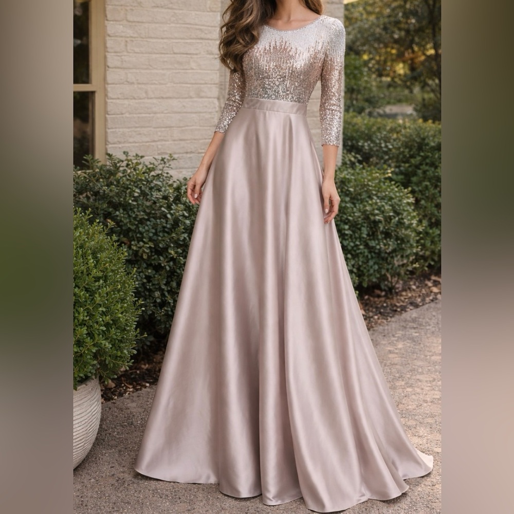$$$ GORGEOUS SEQUIN MOCHA, SILVER, & GOLD AMAZING BALLGOWN FORMAL SATIN DRESS